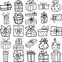 Gift Boxes Hand Drawn Doodle Line Art Outline Set Containing gift, gift box, care package, parcel, goodie box, present box, present, wrapping paper, bow, loop, knot, lace, ribbon, gift bag