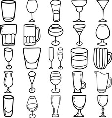 Glass Hand Drawn Doodle Line Art Outline Set Containing Glass, Beverage, Drink, Flute glass, Red Wine glass, White Wine glass, Lowball glass, Highball glass, Cocktail glass, Martini glass, Margarita g