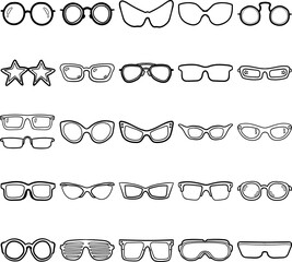 Glasses Hand Drawn Doodle Line Art Outline Set Containing Glasses, sunglasses, eyeglasses, spectacles, Round Frame, Oval Frame, Boston Model Frame, Square Frame, Wellington Model Frame, Flat Top Glass