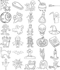 Halloween Hand Drawn Doodle Line Art Outline Set Containing Bat, Black cat, Devil, Ghost, Mummy, Haunted house, Cauldron, Witch, Witch hat, Witch’s broom, Candies, Owl, Spider, Spider web, Skull, Skel