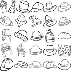 Hats Hand Drawn Doodle Line Art Outline Set Containing Hat, Cap, Fedora, Trilby, Panama Hat, Bowler, Snapback, Dad Hat, Newsboy, Flat Cap, Beanie, Bucket Hat, Baseball Cap, Trapper Hat, Boater