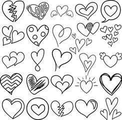 Hearts Hand Drawn Doodle Line Art Outline Set Containing heart, hearts, emotions, feelings, sentiments, soul, mind, bosom, breast, love, affection, passion, sympathy, pity, concern, compassion