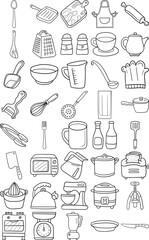 Kitchen Hand Drawn Doodle Line Art Outline Set Containing Toaster, Kettle, Stand Mixer, Rice cooker, Gas range and oven, Blender, Microwave oven, Kitchen scale, Cup and saucer, Mug, Glass, Fork, Spoon