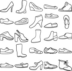 Shoes Hand Drawn Doodle Line Art Outline Set Containing Shoe, Shoes, Knee high boots, Boots, Cowboy boots, Wellington boots, Uggs, Timberland boots, Work boots, Laced booties, Scarpin heels, Court sho