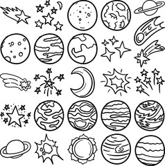 Space Hand Drawn Doodle Line Art Outline Set Containing space, universe, galaxy, cosmos, solar system, creation, nature, world, cosm, star system, stars