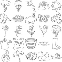 Spring Hand Drawn Doodle Line Art Outline Set Containing Kite, Butterfly, Rabbit, Baseball, Chicks, Egg, Rose, Ladybug, Robin, Rain, Sun, Umbrella, Balloon, Rainbow, Nest, Watering can, Tulips, Boots,