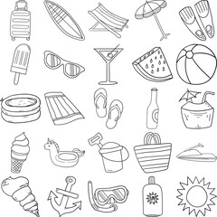 Summer Hand Drawn Doodle Line Art Outline Set Containing Pool, Jetski, Sun cream, Sun, Seashell, Beach ball, Surfboard, Fins, Beach umbrella, Inner tube, Coconut, Sunglasses, Popsicle, Deck chair, Ice