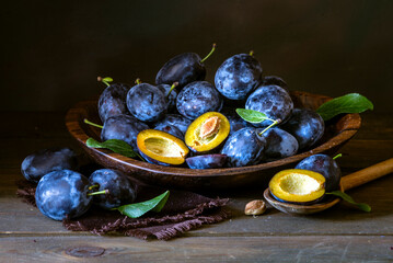 Ripe blue Fresh organic  sweet plums just picked from the tree, walnut wood bowl plate indoors. Autumn Harvest of fruits  rustic  wooden dark black background leaf clay.