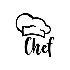 Concepto restaurante. Logo lineal con texto manuscrito Chef con silueta de sombrero de chef