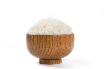 Hot cooked rice in a bowl isolated on white background.