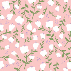 Simple vintage pattern. white  flowers. green leaves . pink  background. Fashionable print for textiles and wallpaper.