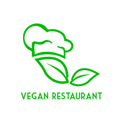 Concepto dieta vegana verde. Logo lineal con texto Vegan Restaurant con silueta de sombrero de chef y hoja de planta