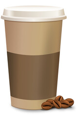 Cardboard disposable coffee cup and lid with coffee beans