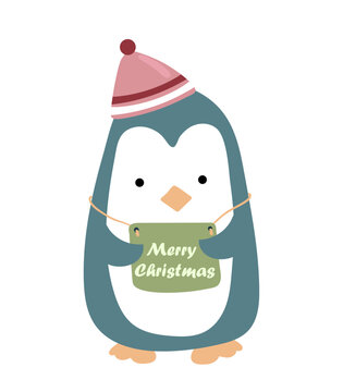 Illustration for a Christmas card. Cute cartoon penguin. Merry Christmas.