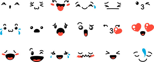 Various Cartoon Emoticons Set. Doodle faces, eyes and mouth. Caricature comic expressive emotions, smiling, crying and surprised character face expressions