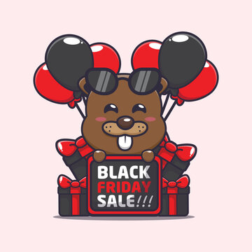 Cute beaver in black friday cartoon mascot illustration