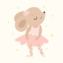 Ballet dancer. Ballerina. Cute character animal mouse dancer. Adorable baby animal