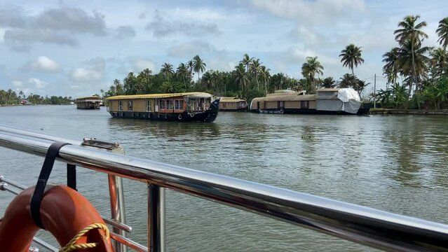 Static View Of Houseboat Cruise In The Backwaters Of Kerala. Tourism In Southerner India