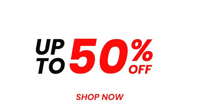 up to 50 percent off sale animation text isolated on white background, e-commerce advertising. 4K Video motion graphic animation.