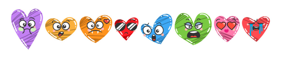 Fototapeta premium Heart Emoticon Set. Doodle faces, eyes and mouth for Valentine's Day and holidays of love. Caricature cartoon expressive emotions, smiling, crying and surprised character face expressions
