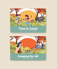 Facebook template with autumn camping picnic concept,watercolor style