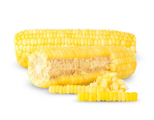 Boiled yellow corn cut close up on white background