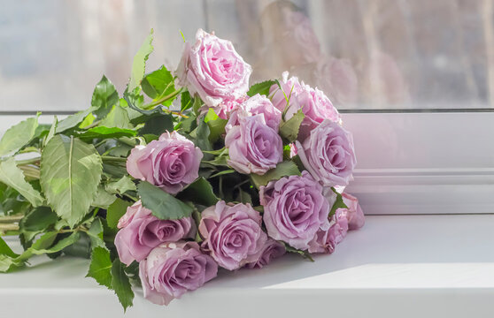 a bouquet of delicate purple roses lying on the window