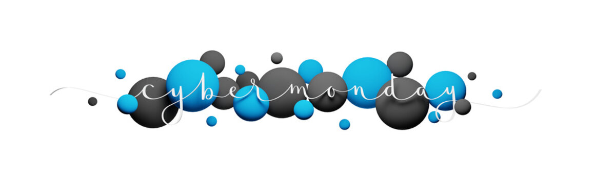 3D render of CYBER MONDAY white brush calligraphy banner with blue and black balloons on transparent background