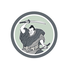 Samurai Warrior Wielding Katana Sword Circle