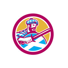 Highlander Scotsman Sword Shield Circle Retro