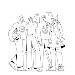 Halloween group of happy people celebrating holiday. Friends at creepy October festival celebration with pumpkin and costumes. 