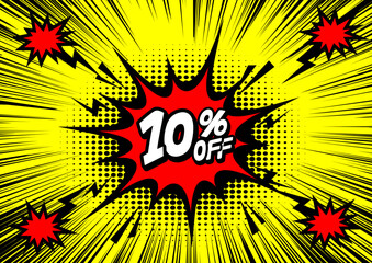 10 Percent OFF Discount on a Comics style bang shape background. Pop art comic discount promotion banners.