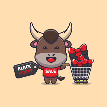 Cute bull in black friday cartoon mascot illustration