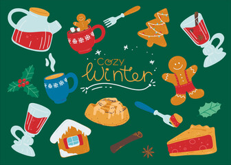 Winter tea set. Teapot with hot tea, pies, cinnamon roll, cups and glasses of mulled wine. Cozy Christmas party. Vector illustration in a flat style.