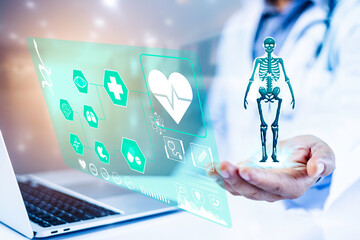 Medical technology diagnosis of cardiac concepts. Doctor holding stethoscope body diagnosis virtual screen. Medical technology analyzes the screen network connection. hospital blur background.