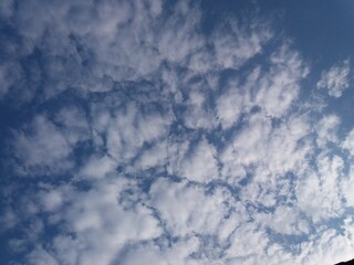 White clouds almost cover the blue sky or bright blue sky and are full of white clouds during the day