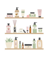 Organic beauty products standing on shelf in bathroom. Flat vector illustration. Cosmetic goods store, spa accessories, items for skin and body care 