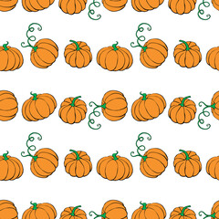 Vector seamless pattern with outline pumpkins in doodle flat style. Halloween or thanksgiving background and texture