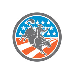 Rodeo Cowboy Bull Riding Flag Circle Retro