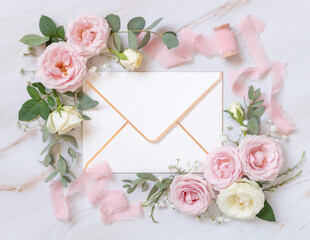 Blank envelope between pink roses and pink silk ribbons top view, wedding mockup