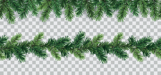 Vector set of seamless decorative borders with green coniferous branches - christmas decorative element - 530778123