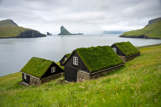 Casas de madera con tejado de césped sobre pradera de césped al borde del mar