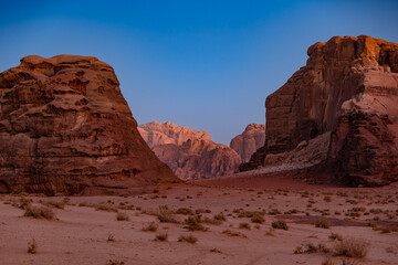 Desert landscape at golden hour at sunset in the Wadi Rum desert, Jordan