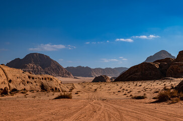 Wadi Rum desert and rock formations on a sunny day, Jordan landscapes