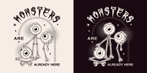Arched monochrome emblem with moving monsters made of bones, human eyeballs with drops of goo, slime, text. Round halftone shapes, little stars on background. Creepy illustration © OA_Creation
