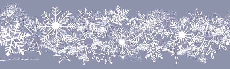 Fototapeta Seamless ribbon border with abstract white spots and snowflakes on a blue background. Winter image. Vector illustration. obraz