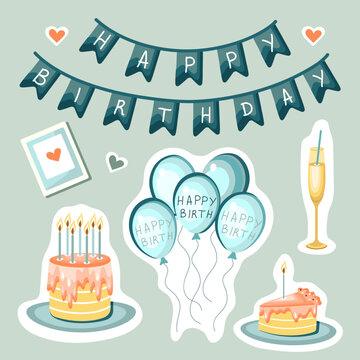 Set of happy birthday stickers. Birthday cake with candles, balloons, champagne, and garland. Hand Drawn illustration.