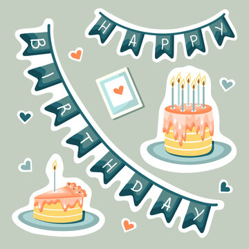 Set of happy birthday stickers. Birthday cake with candles, and garland. Hand Drawn illustration.