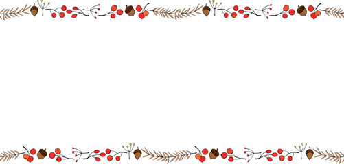 Vector background, frame made of outline color twigs, berries, acorns on edges. Horizontal top and bottom edging, border, decoration for seasonal design, thanksgiving theme and happy fall