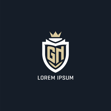 Initial letter GN shield and crown logo style, esport team logo design inspiration